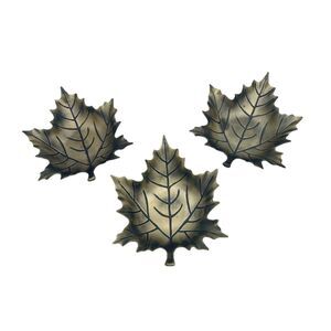 Figural Maple Leaf Trinket Dish Tray Set of 3 Antiqued Brass Gold Metal w Veins